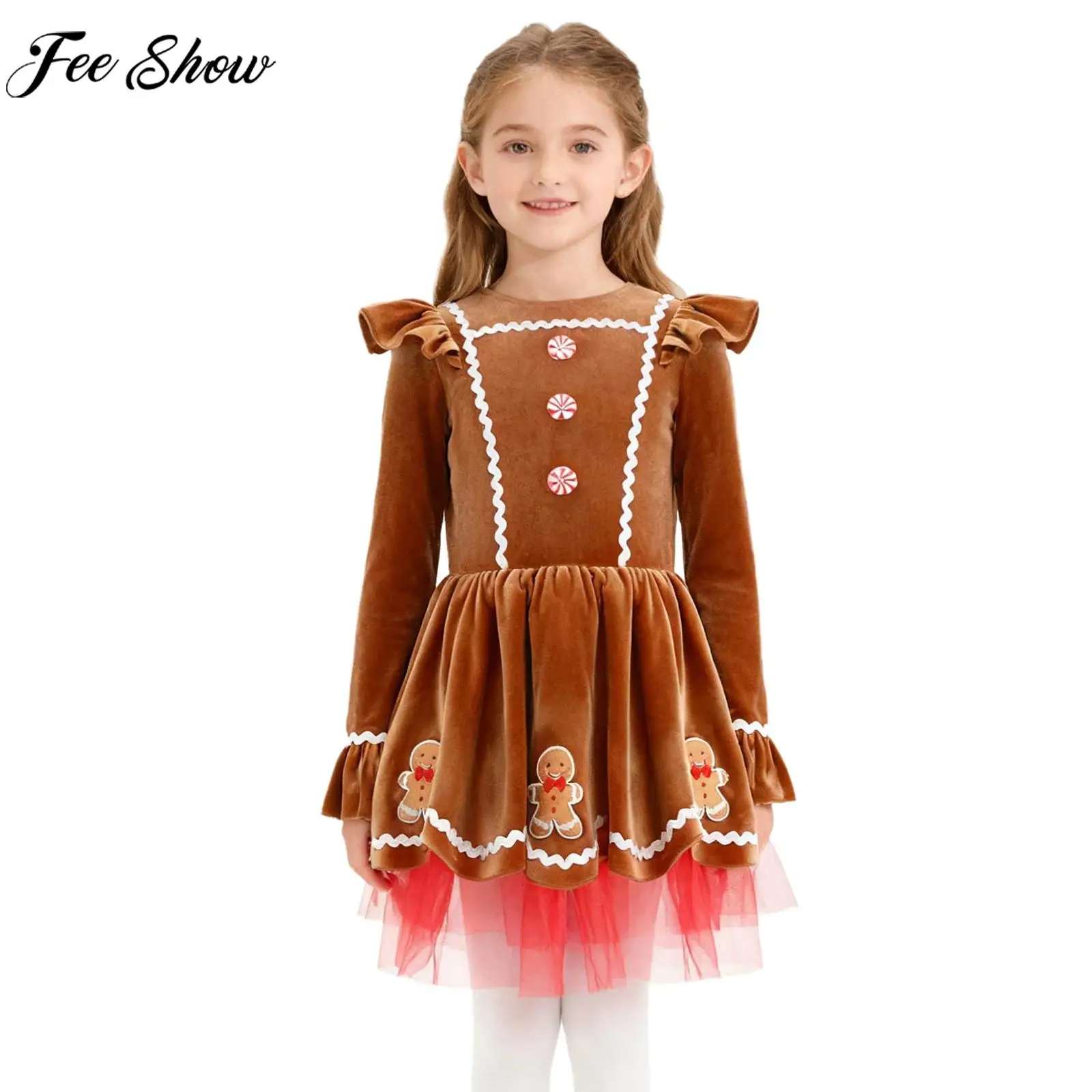 Children Girls Christmas Gingerbread Man Cosplay Costume Long Sleeve Mesh Xmas New Year Party Dress Ballet Dance Leotard Tutu