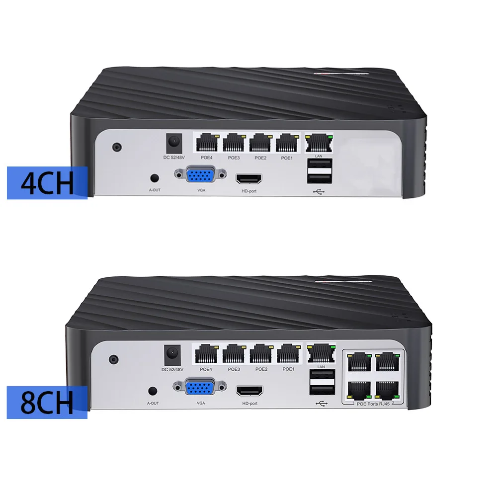 4K AI NVR 4CH 8CH مع منافذ PoE تدعم كشف الوجه للمركبات 4K/5MP/4MP H.265