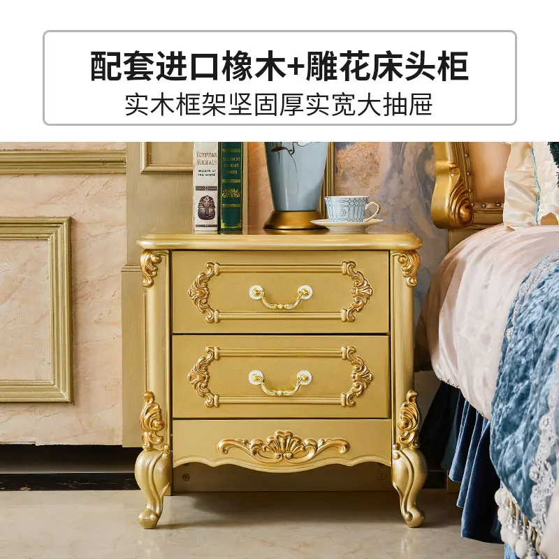 Bed oak carved leather bed 1.8 meters master bedroom wedding  princess  champagne gold luxury