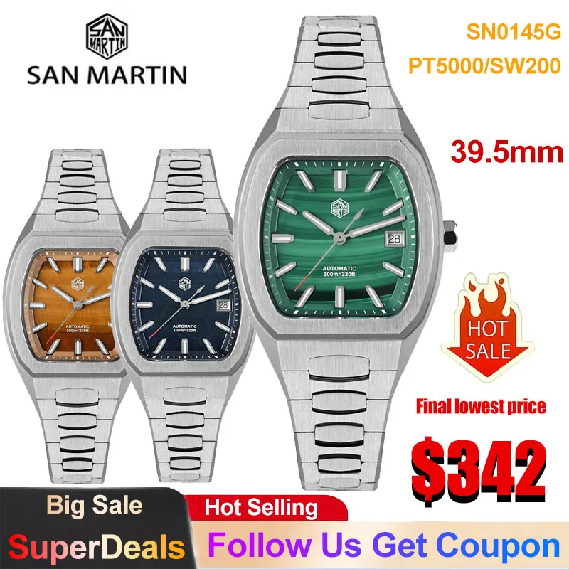 San Martin SN0145 Mechanical Watch PT5000/SW200 Automatic 39.5mm Square Dial Men Watch BGW-X1 Luminous Sapphire Luxury Watches