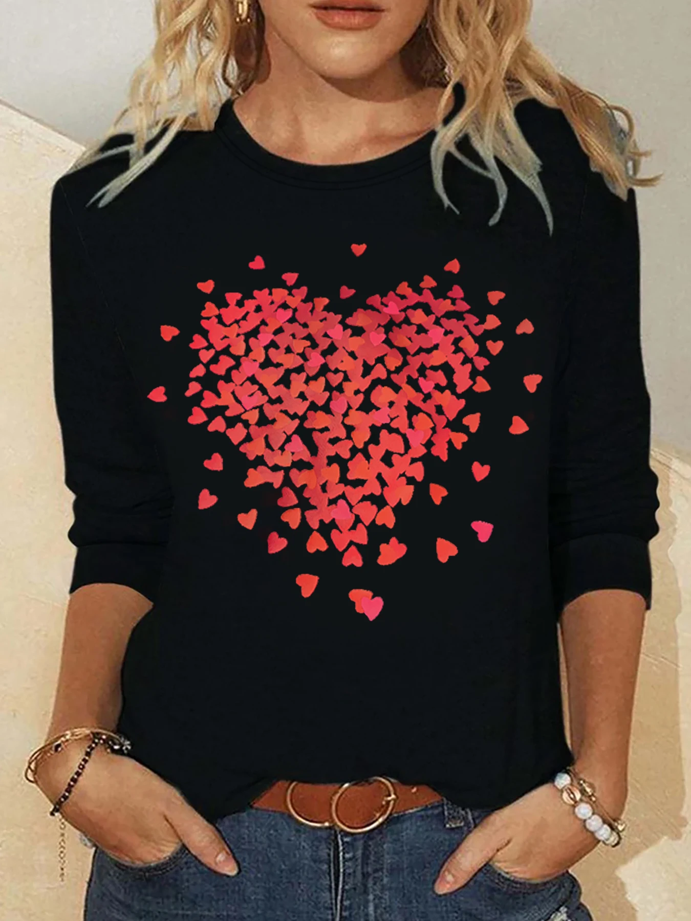 Women Fashion Heart Printed Tee Shirts Casual O Neck Full Long Sleeve Shirts Tops Ladies Chic Basic Knitted Top