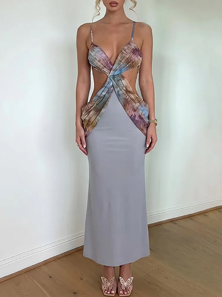 Fashion Color Blocking Backless Splice Dress Sexy Suspender Waist Less Vacation Dress Elegant Printed Off Shoulder Pleated Dress