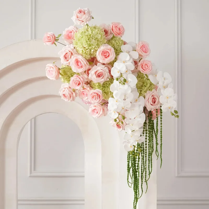 French pink and white simulated arch pollen rose hanging flower row wedding welcome background arrangement fake flower