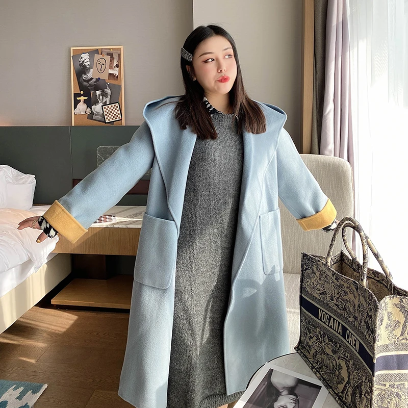 

Handmade Double-Faced Woolen Coat with Hood And Color Blo Sves Korean Sle Winter Outerwear for plus Size Women