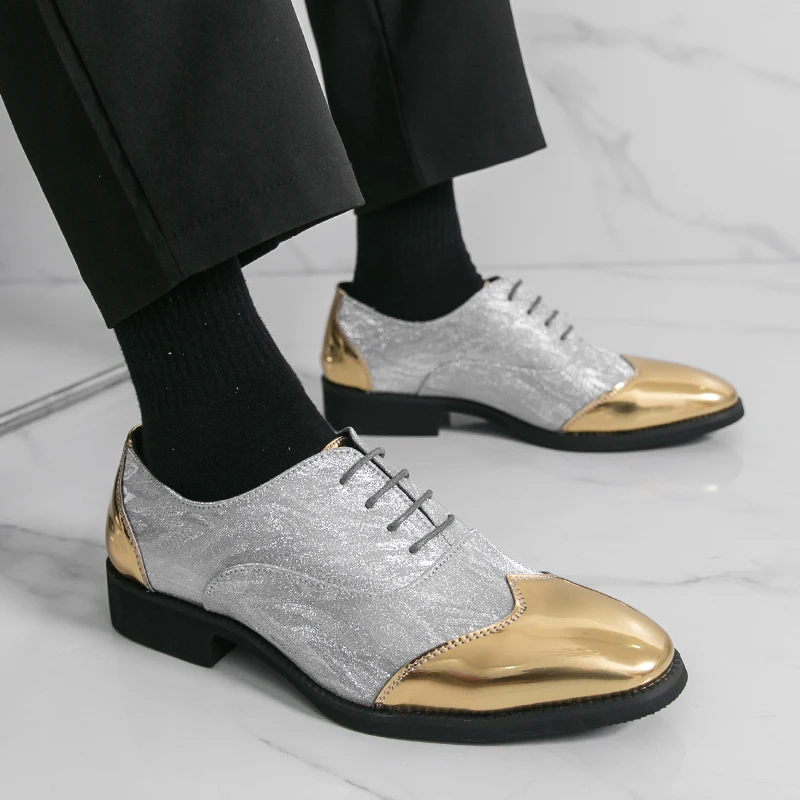 Designer Mens Shoes Gold Silver Snakeskin Patent Leather Shoes Fashion Casual Business Shoe Lace Up Brogues Shoes Zapatos Hombre