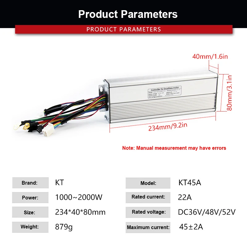 Bike Kunteng Controller 36V 48V 52V 18-Tube KT-45A SineWave Controller SM Connecto For 1000-2000W Motor Modified Accessories
