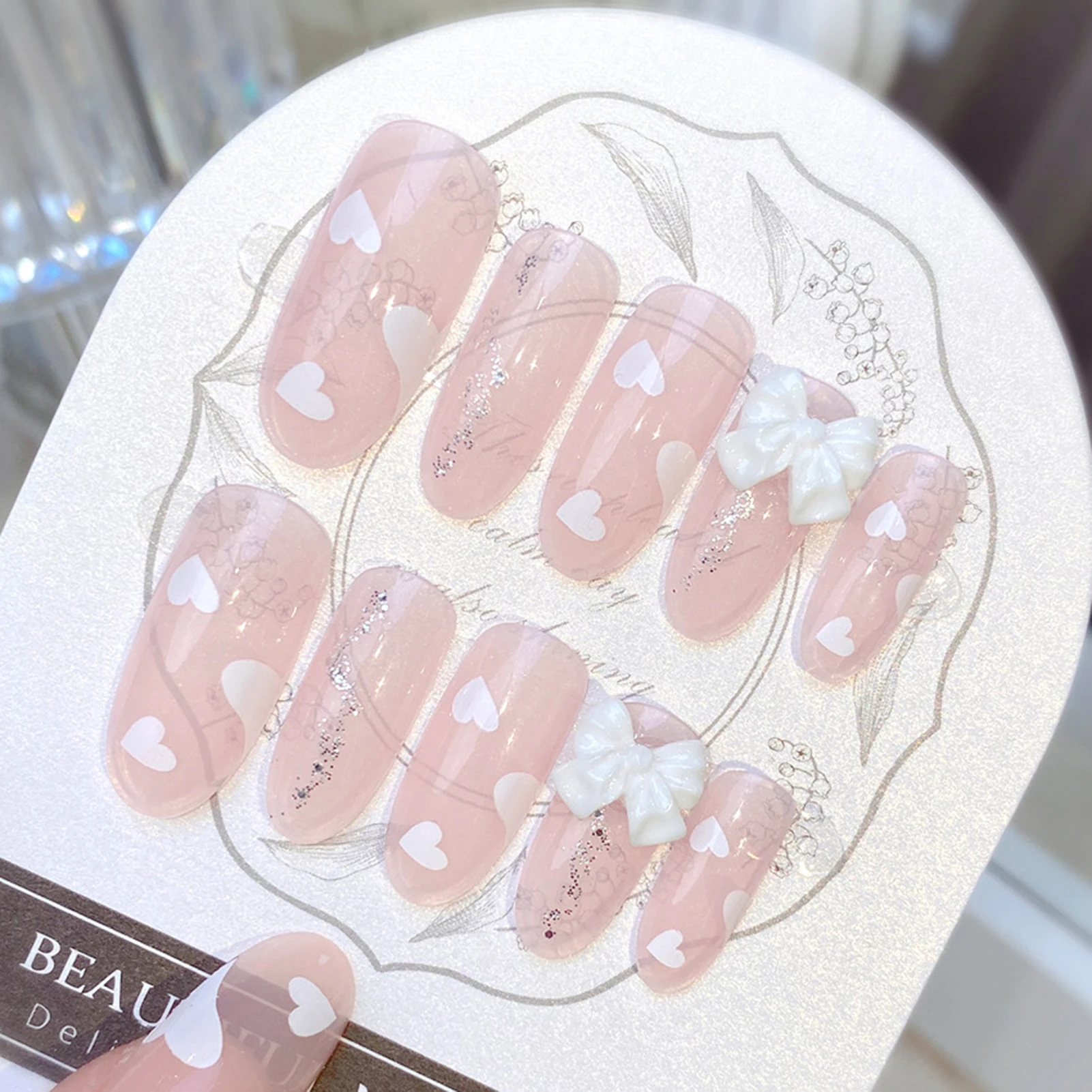 24pcs Nude Pink False Nails Mid-length Almond White Love Heart 3D Bowknots Decor Press On Nails Sweet Korean Style Manicure Art