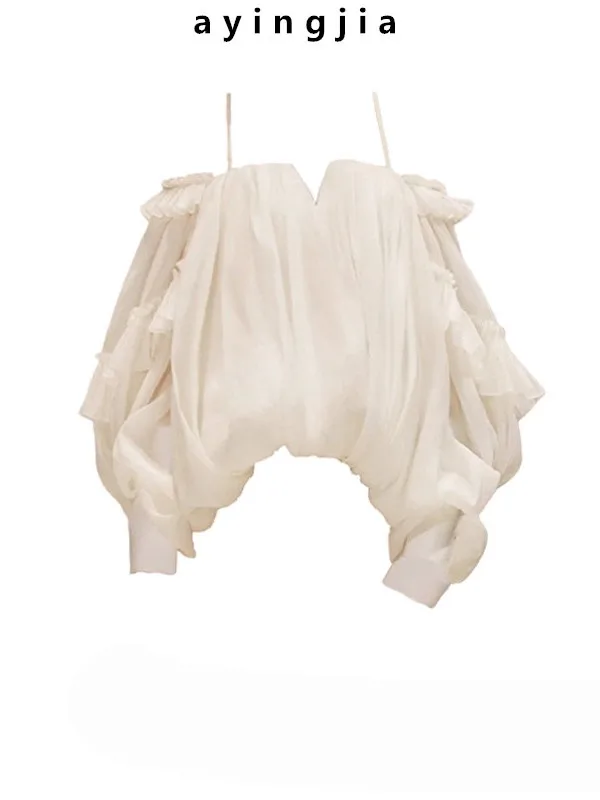 

Chic Long Sleeve Women's Shirt Xuelu Lace Trim One Shoulder Strap Chiffon Top French Style Loose Fit Not Easy to Deform