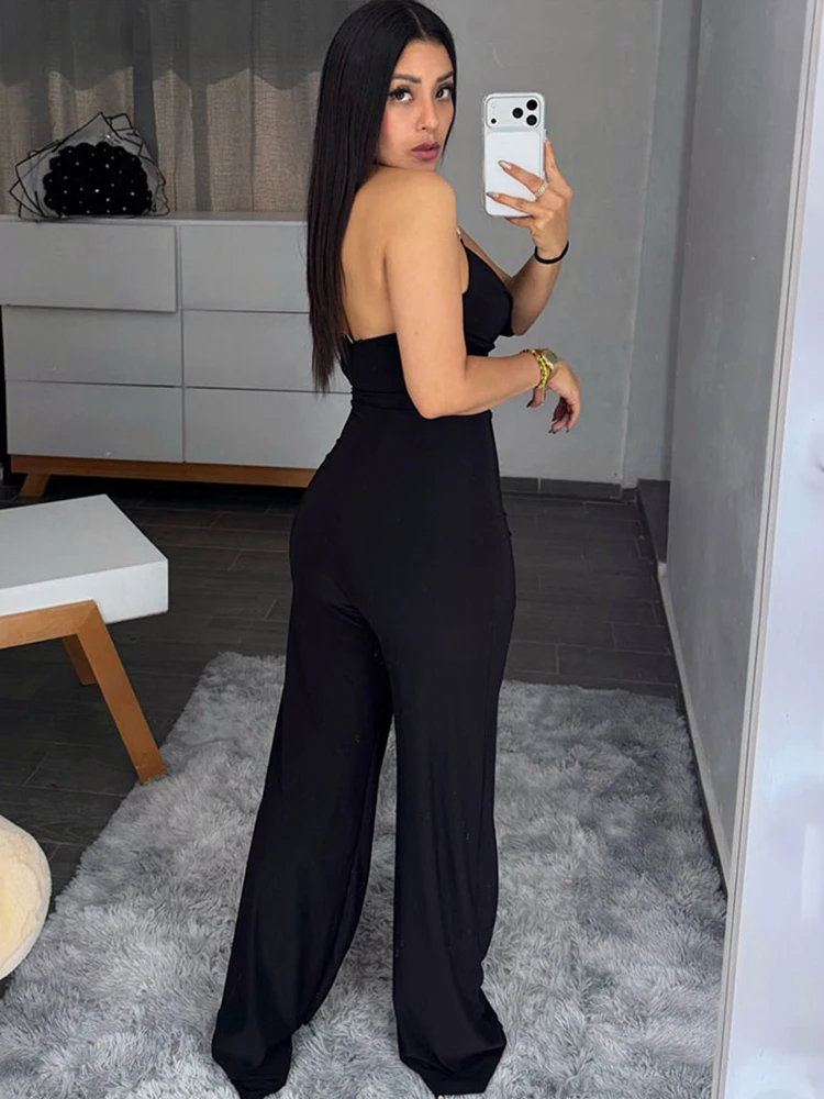 

Sisterlinda Elegant Sexy Backless Jumpsuit Woman Metal Buckle Halter Low-Neck Skinny Stretch Nightclub Party Straight Overalls