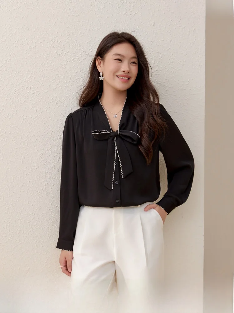 

Faionable Versatile plus Size irt with Tie Ne Korean Sle Slim Fit Long Sve Spring New Arrival Ele Casual Wear