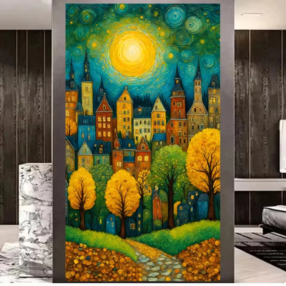 DIY 5D Diamond Painting Kit Van Gogh Style Starry Sky Fairy Town Landscape Full Diamond Art Mosaic Cross Stitch for Home Decor