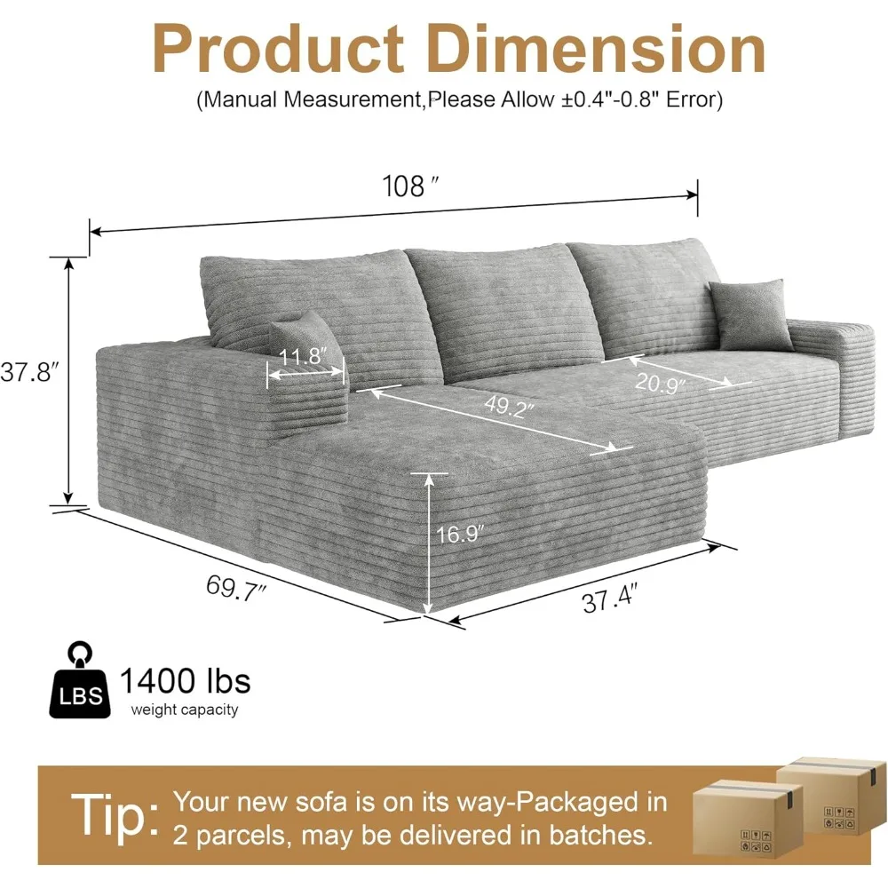 أريكة سحابة مقاس 108 بوصة مع كرسي على شكل حرف L أريكة مقطعية حديثة بدون عظم مع مقعد عميق منجد حديث #2