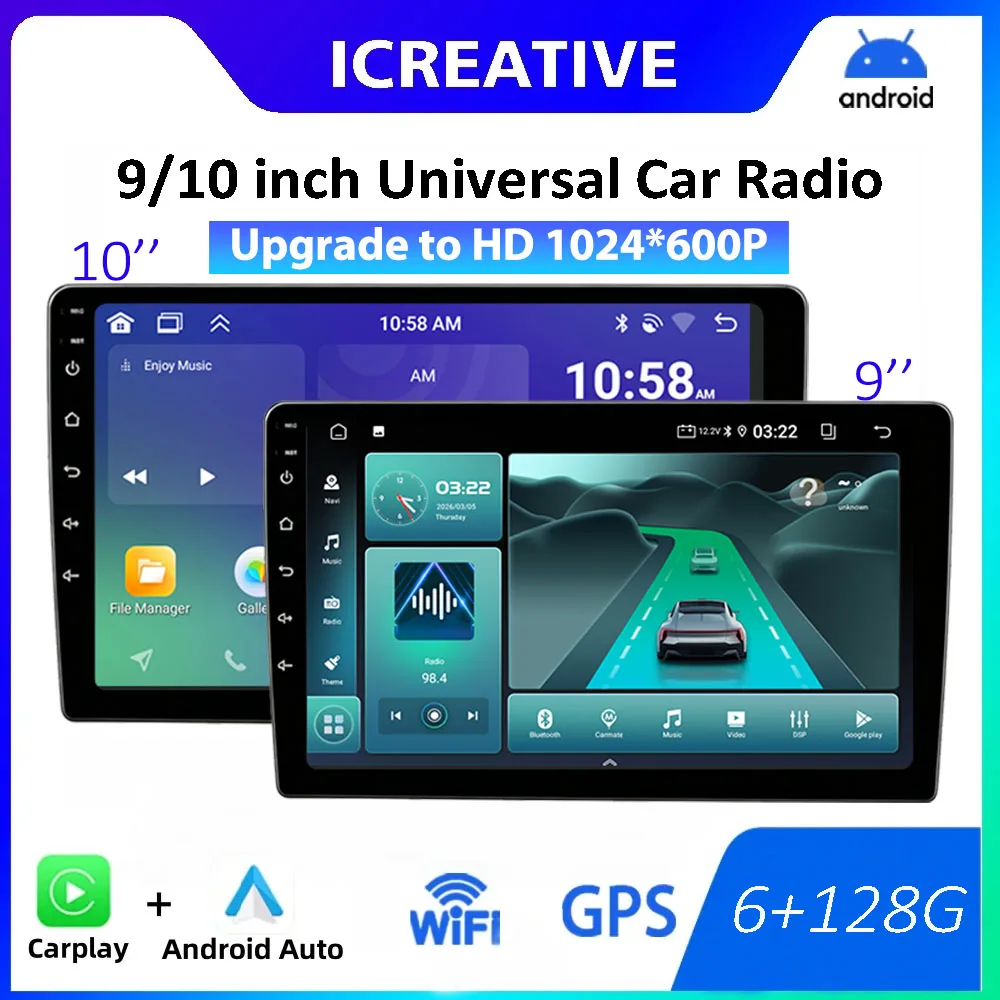 Universal 2DIN Wireless Carplay Android 15 Car Radio Multimedia Video Player 9/10 Inch AutoRadio GPS Navigation 4G WiFi Stereo