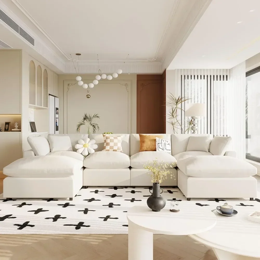 

134.4" U Shaped Couch with Movable Ottoman, Oversized Modular Sectional Sofa, Large 6 Seater Corner Sofa for Living Room