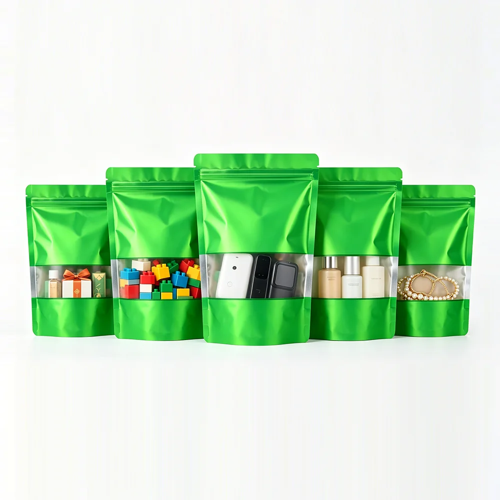 Dark Green Colored Windowed Stand-Up Pouches, Fifty Pieces, Self-Sealing Bags for Stationery and Accessories, Matte Frosted Stand-Up Display Packaging Bags, Aluminum Foil Plastic Packaging Bags