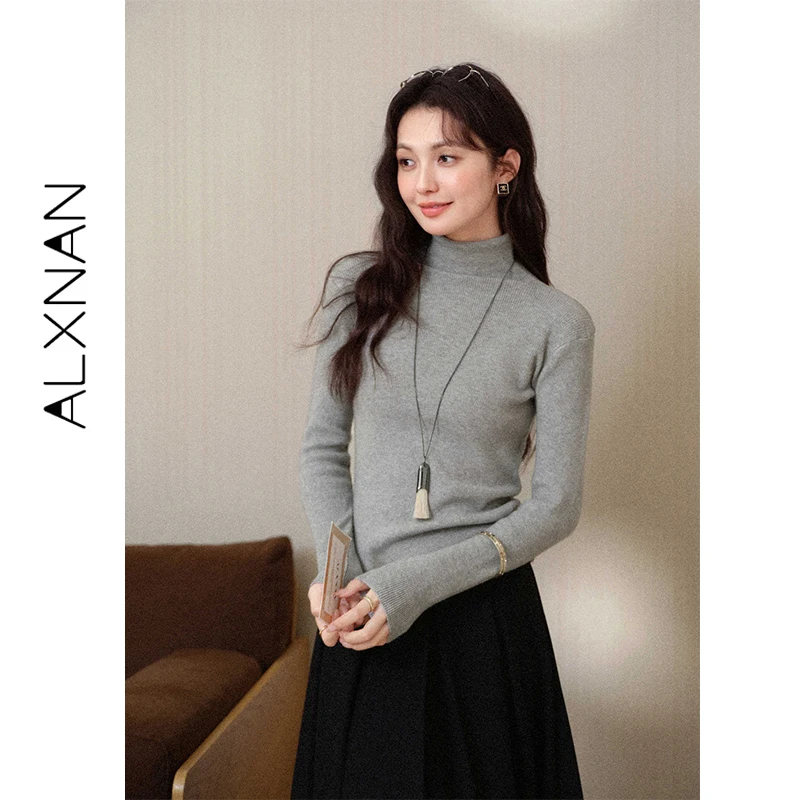 

ALXNAN серая футболка с воротником-стойкой, облегающая универсальная многослойная вязаная пуловер с длинными рукавами, осенне-зимняя модная женская одежда L60060