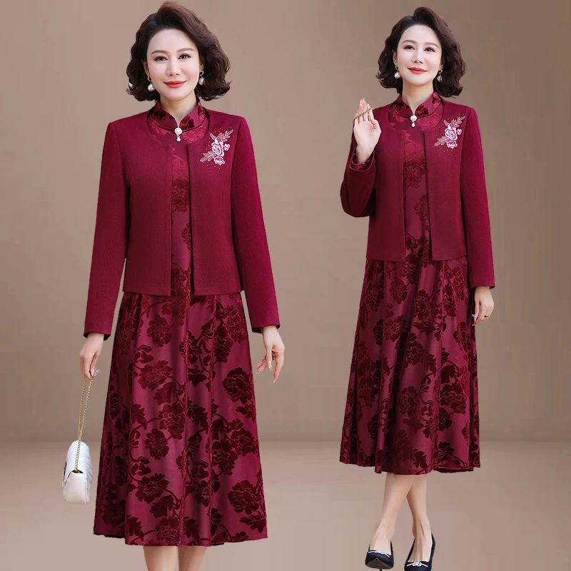 

Wedding Mother Red 2-piece Set Dress New Spring Autumn Happy Mother-in-law Wedding Banquet Dress