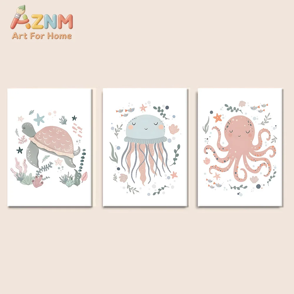 AZNM Pastel Ocean Animal Canvas Wall Art Turtle Jellyfish Octopus Seaweed Frameless Canvas Painting Nursery Kids Room Home Decor