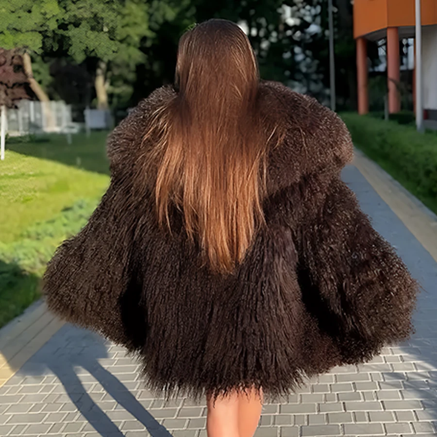 Real Fur Coat Women's Jacket Sheep Fur Coat Warm Winter  Lamb Fur Coat Brown Long Luxury New Arrivals