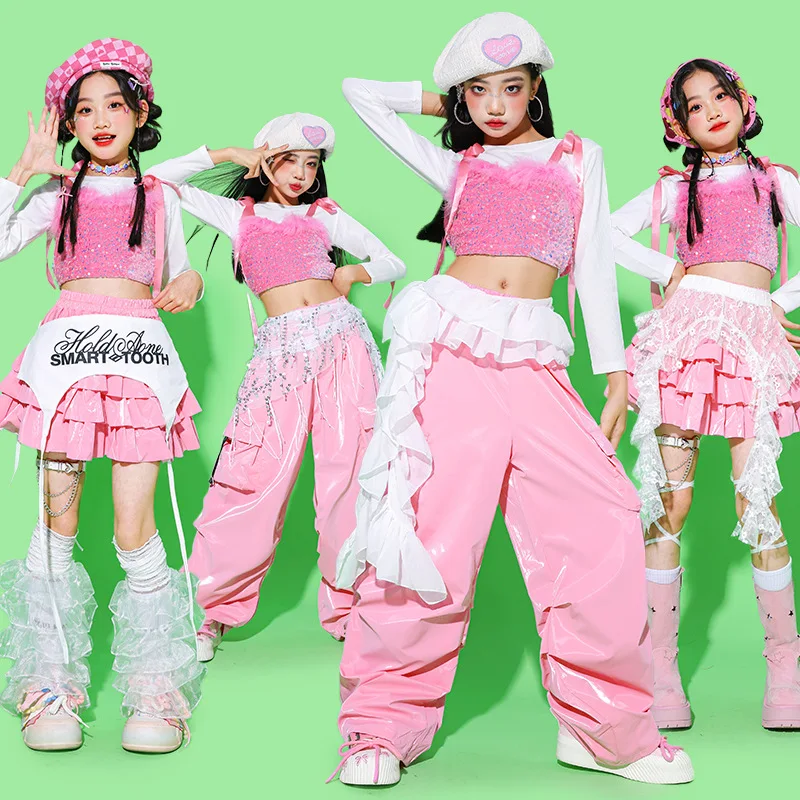 K-pop Girls Squin Crop Top Skirts Street Dance Cargo Pants Kids Hip Hop Sweet Streetwear Children Jazz Girl Group Clothes Sets