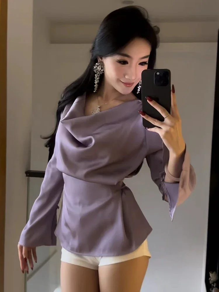 Elegant Satin Female Shirts Korean Chic V Neck Office Lady Casual Tops Fashion New Slim Long Sleeve Lace Up Blouse ZT688
