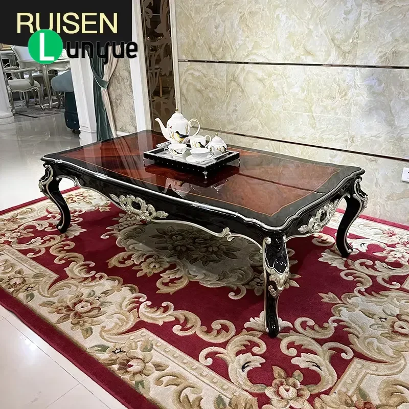 French Luxury Rectangular Solid Wood Coffee Table European Style Wooden Veneer Dining Table for Living Room Elegant Home