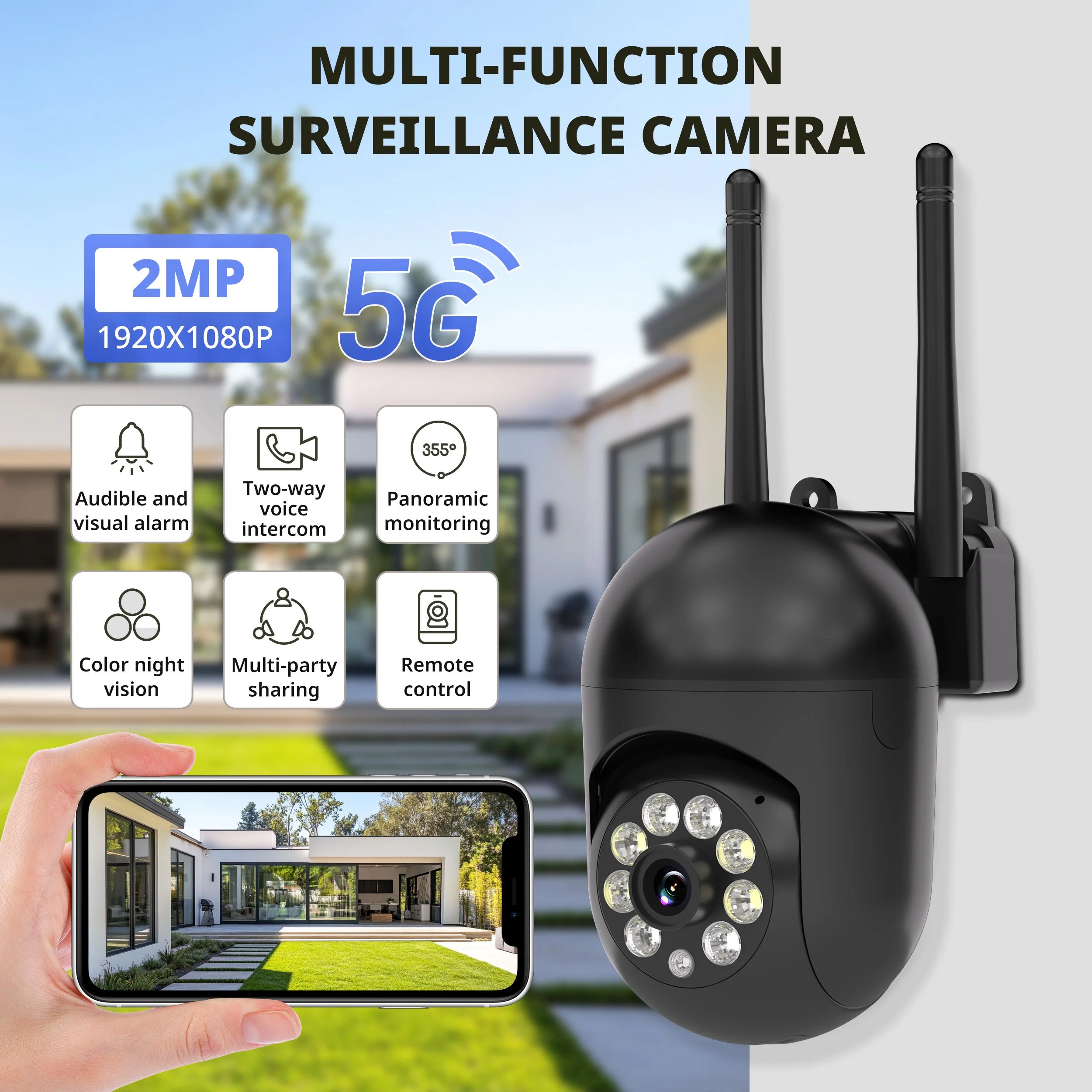 4PCS Wireless 1080P HD Black Security Camera Ease Life APP, In/Outdoor Use, Color Night Vision, 2-Way Audio  360° Pan/Tilt/Zoom