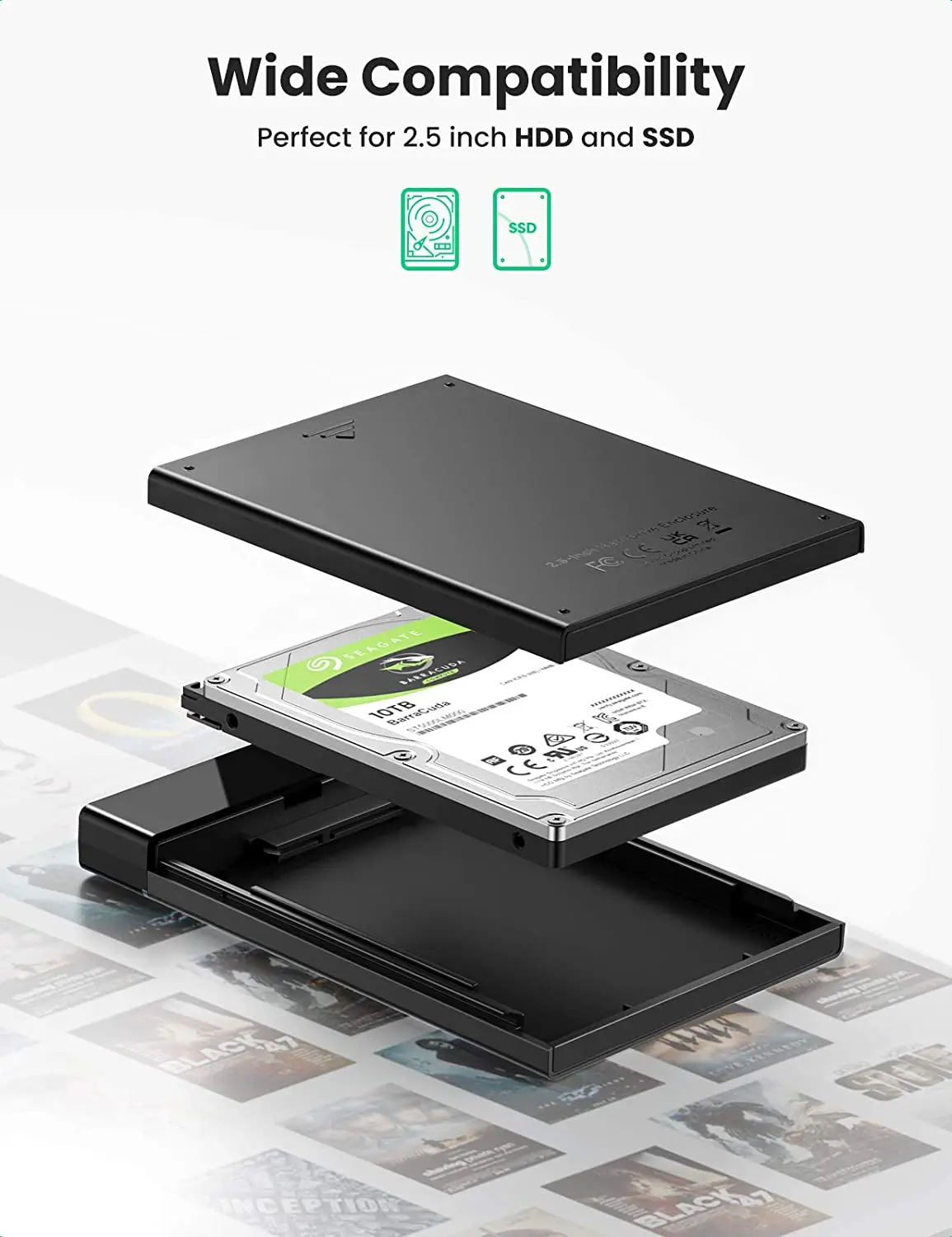 حاوية القرص الصلب UGREEN 2.5 بوصة USB C 3.1 Gen 2 إلى SATA III 6Gbps لـ SSD HDD 9.5 7 مم حافظة القرص الصلب الخارجي مع UASP