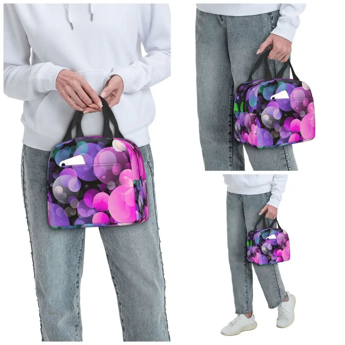 Green And Multicolor Bubble Print Insulated Lunch Bag for Women Office Cooler Thermal Food Box Tote Lunch Boxes Container