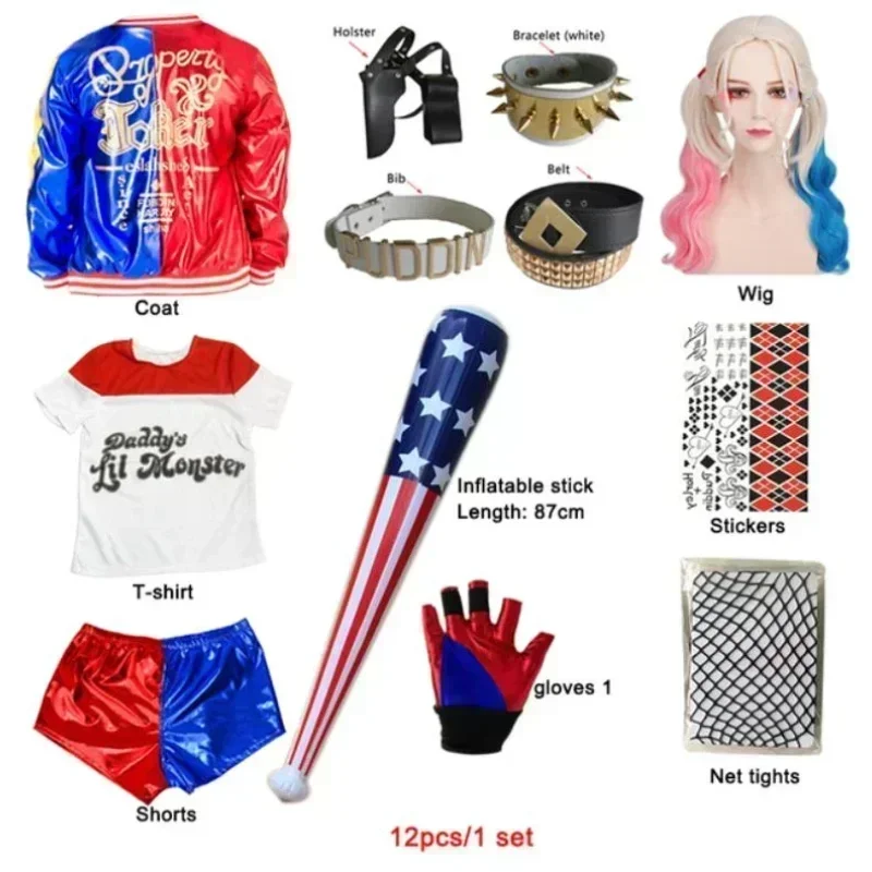 Carnaval crianças meninas suicídio harley cosplay trajes esquadrão quinn monstro coringa jaqueta terno tatuagem adesivos calças conjunto