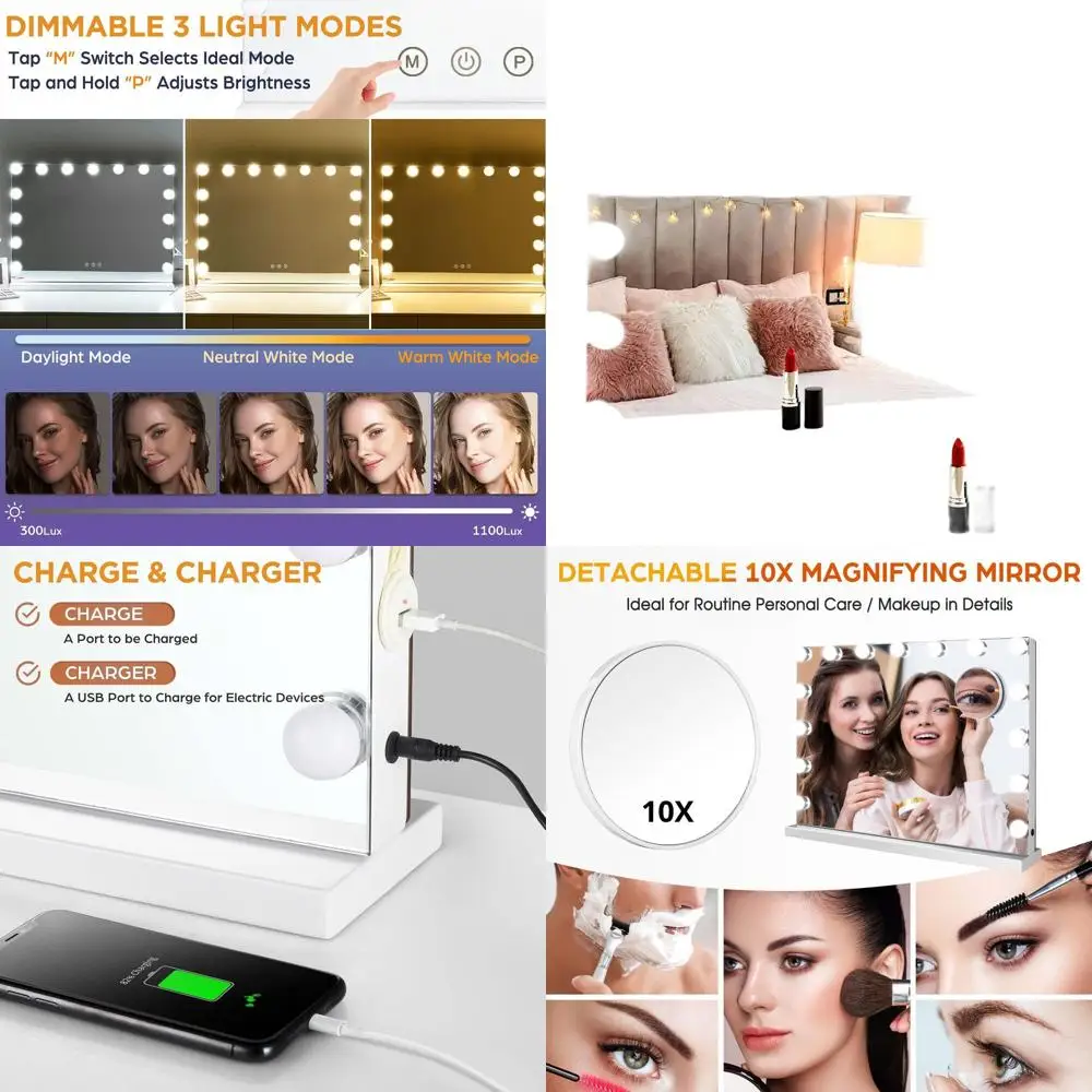Miroir de courtoisie Hollywood à 15 LED à intensité variable avec 3 modes d'éclairage, support de bureau et mural 2 en 1, chargeur USB inclus