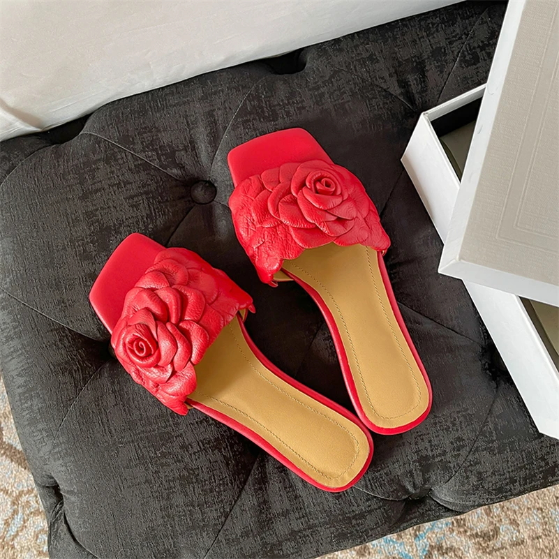 Meotina Women Genuine Leather Slides Square Toe Flat Sandals Flower Slippers Ladies Fashion Design Shoes Summer Red Gold 43