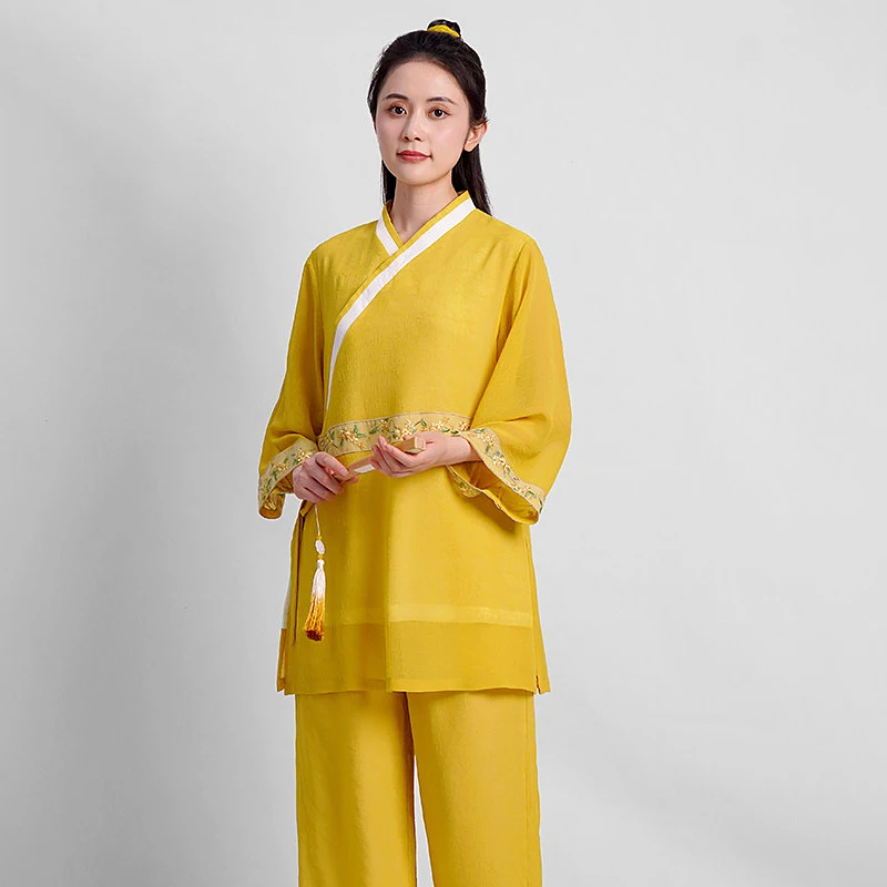 Women's 2026 Spring Summer Yellow Ramie Gauze Tai Chi Set - Flowy & Comfortable for Martial Arts, Qigong & Baduanjin Practice