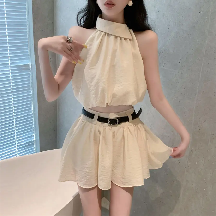 

Women Sleeveess Top Pleated Mini Skirts Suits 2025 Summer Lady Elegant Outfits 2-Piece Sets