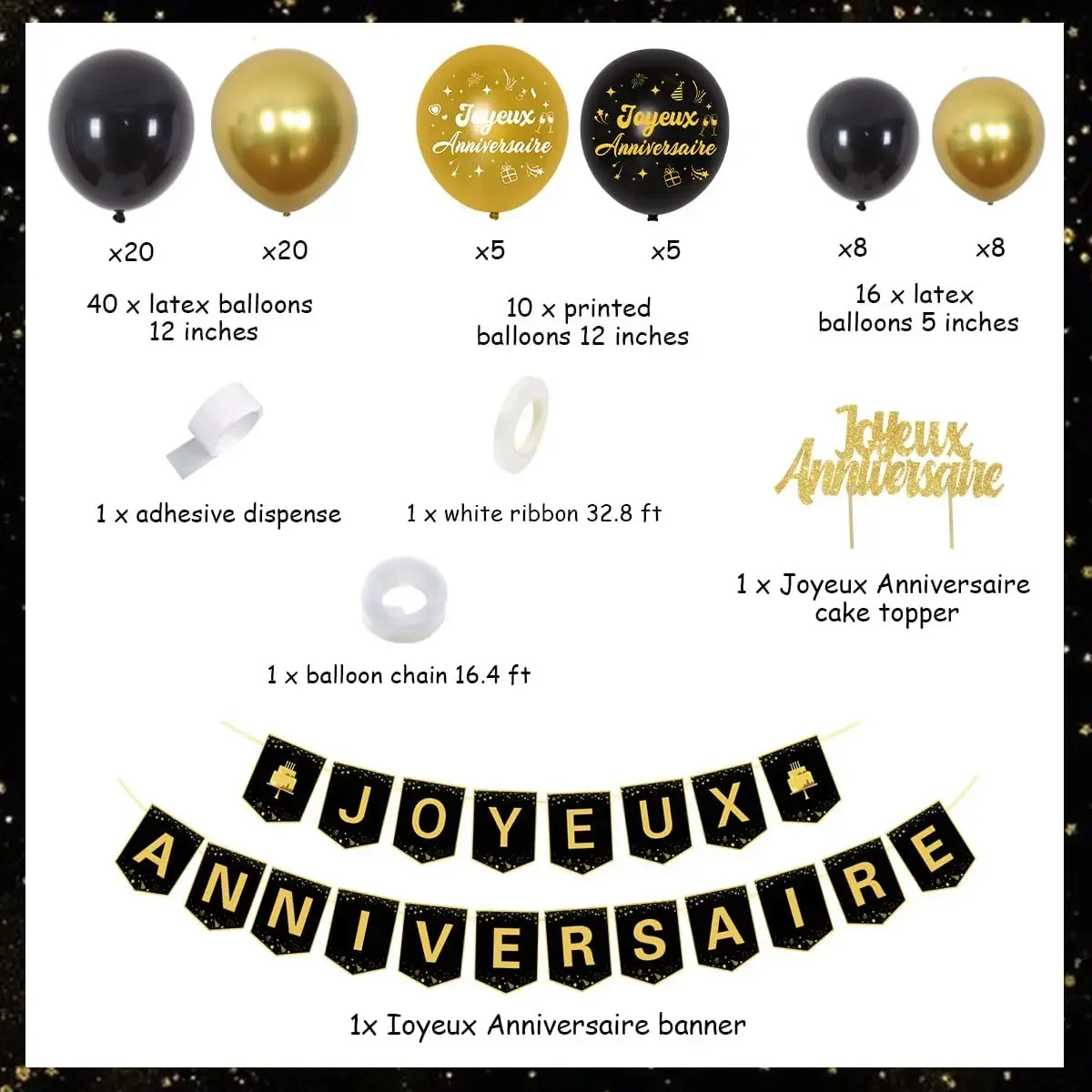 JOYMEMO Black Gold Birthday Decoration Balloon Garland Kit for Men Joyeux Anniversaire Banner Birthday Party Cake Topper Set