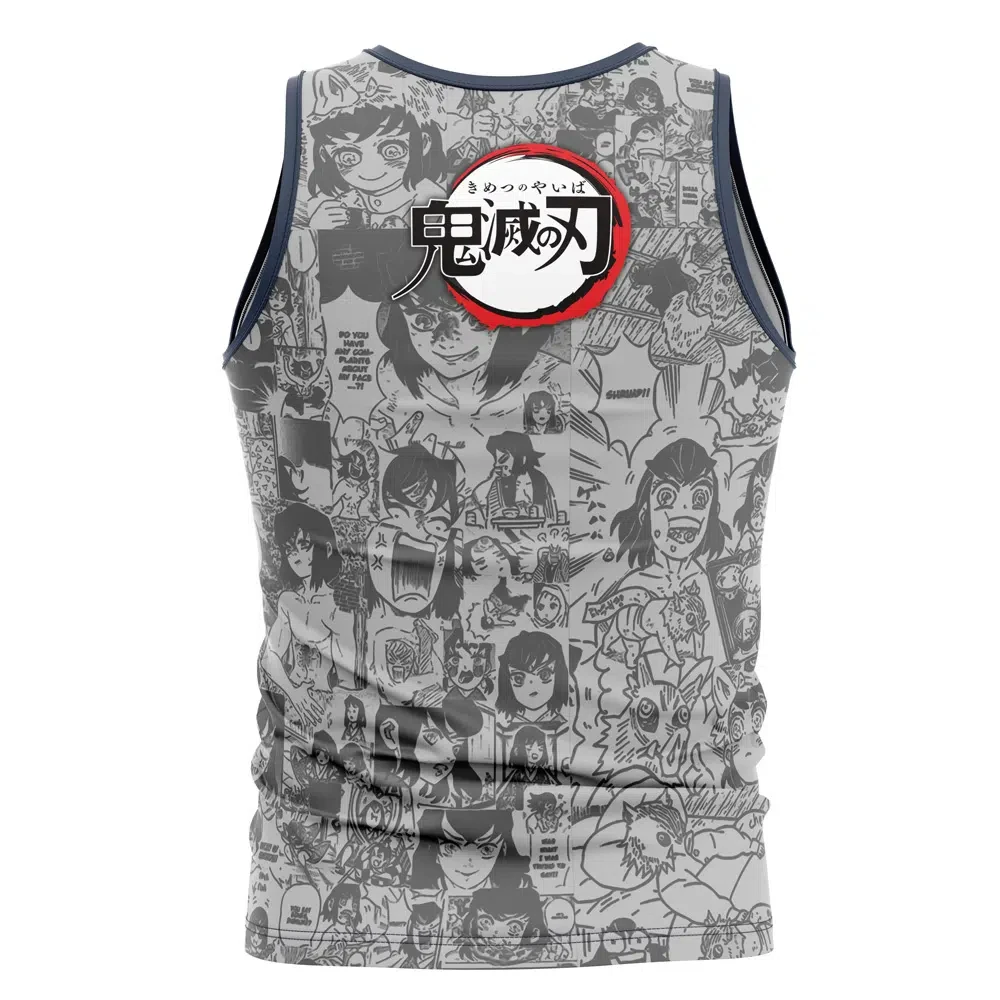 Demon Slayer Hashibira Inosuke Manga Background Print Men Grey Blue Trim Sleeveless Casual Gym Streetwear Workout Tank Top