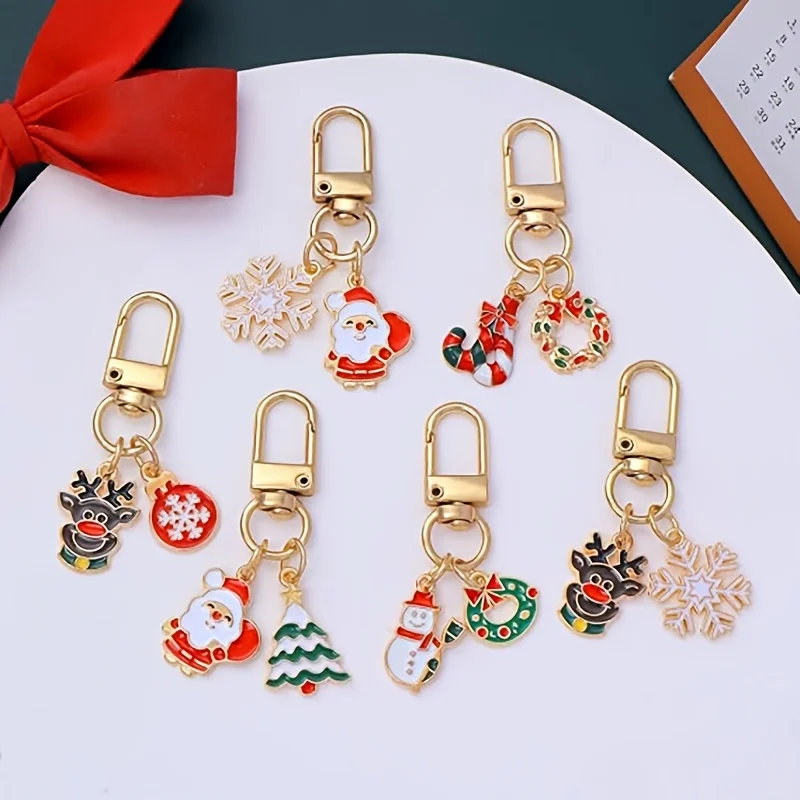 6-Style Christmas Key Chain Set, Santa Claus Reindeer Snowflake Snowman Pendant, Oil Drop Alloy Christmas Bag Pendant