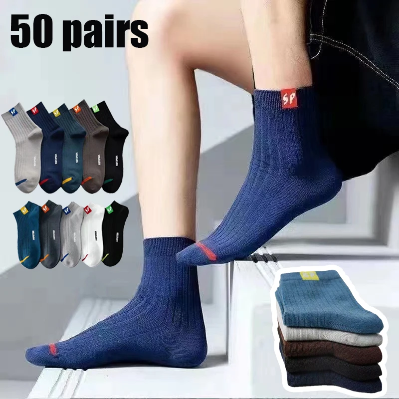 50Pairs Cotton Men\'s Socks Breathable Casual Sock Solid Color Striped Spring Summer Thin Sweat-absorbing Sports Tube Man Socks