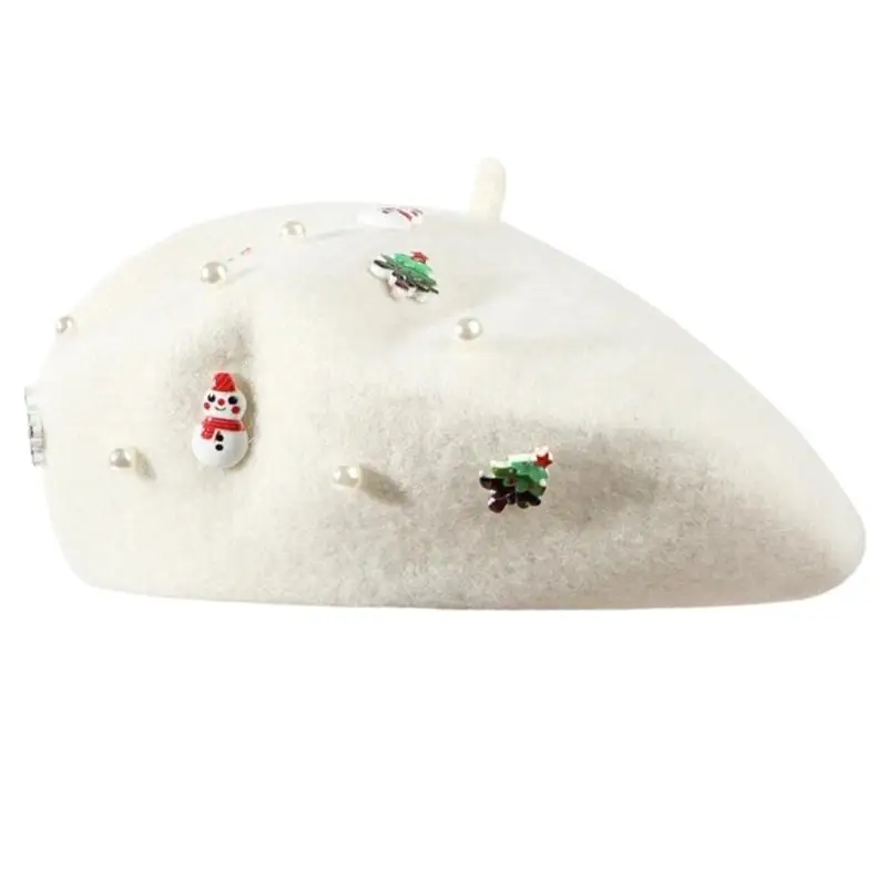31BB Christmas Cap for Women Teens in Soft Wool with Character Charm and Artificial Pearls Decor, Warm Headwear for