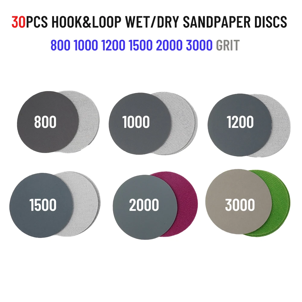 3 Inch Waterproof Sandpaper 30 Pcs Assorted 800-3000 Grit Hooks And Loop For Polishing And Sanding Metal Car Body Woodworking