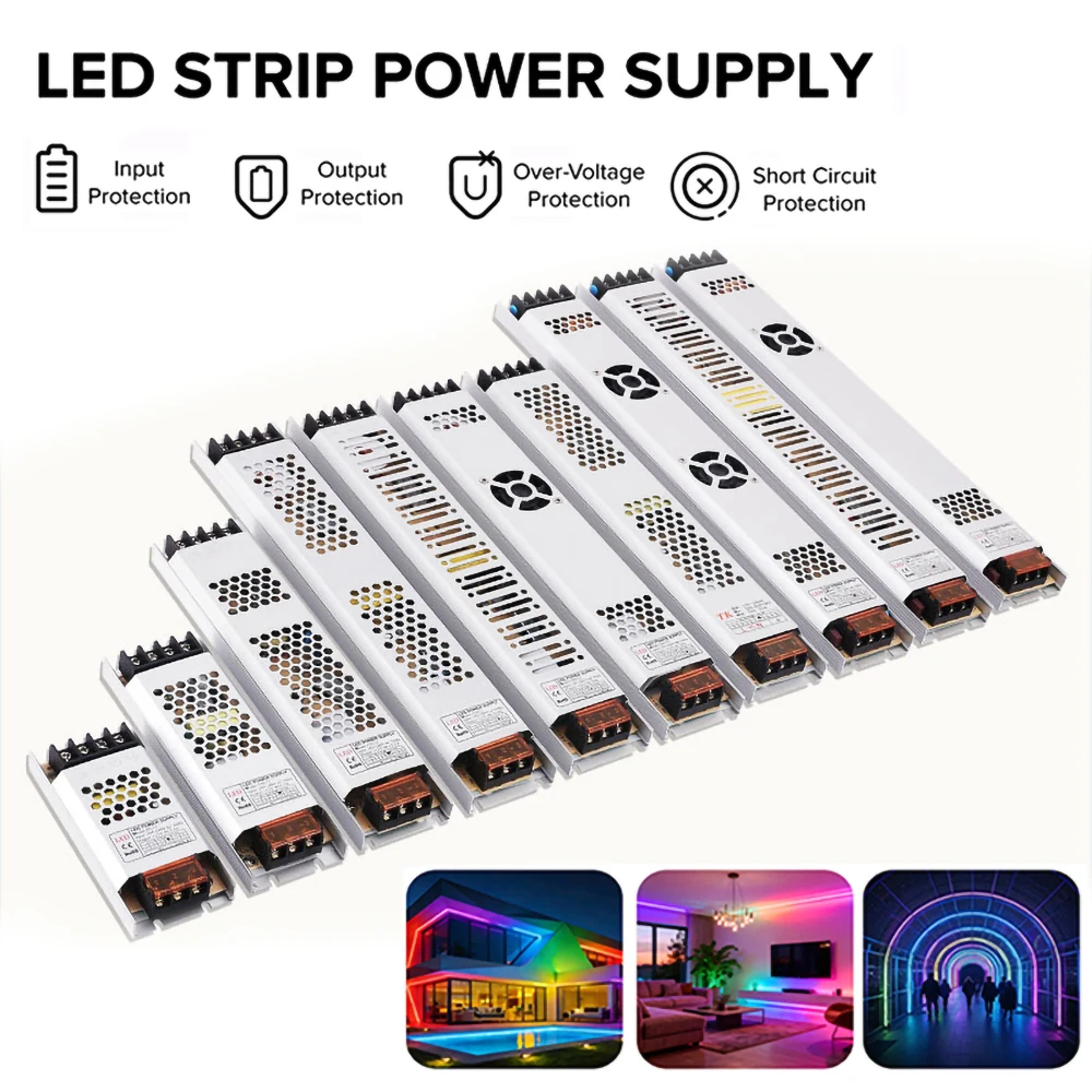 Ultra-Thin Quiet LED Power Adapter  AC190V-240V to DC12V 24V Transformer Driver for LED COB WS2811 2815 2814 Light Strips