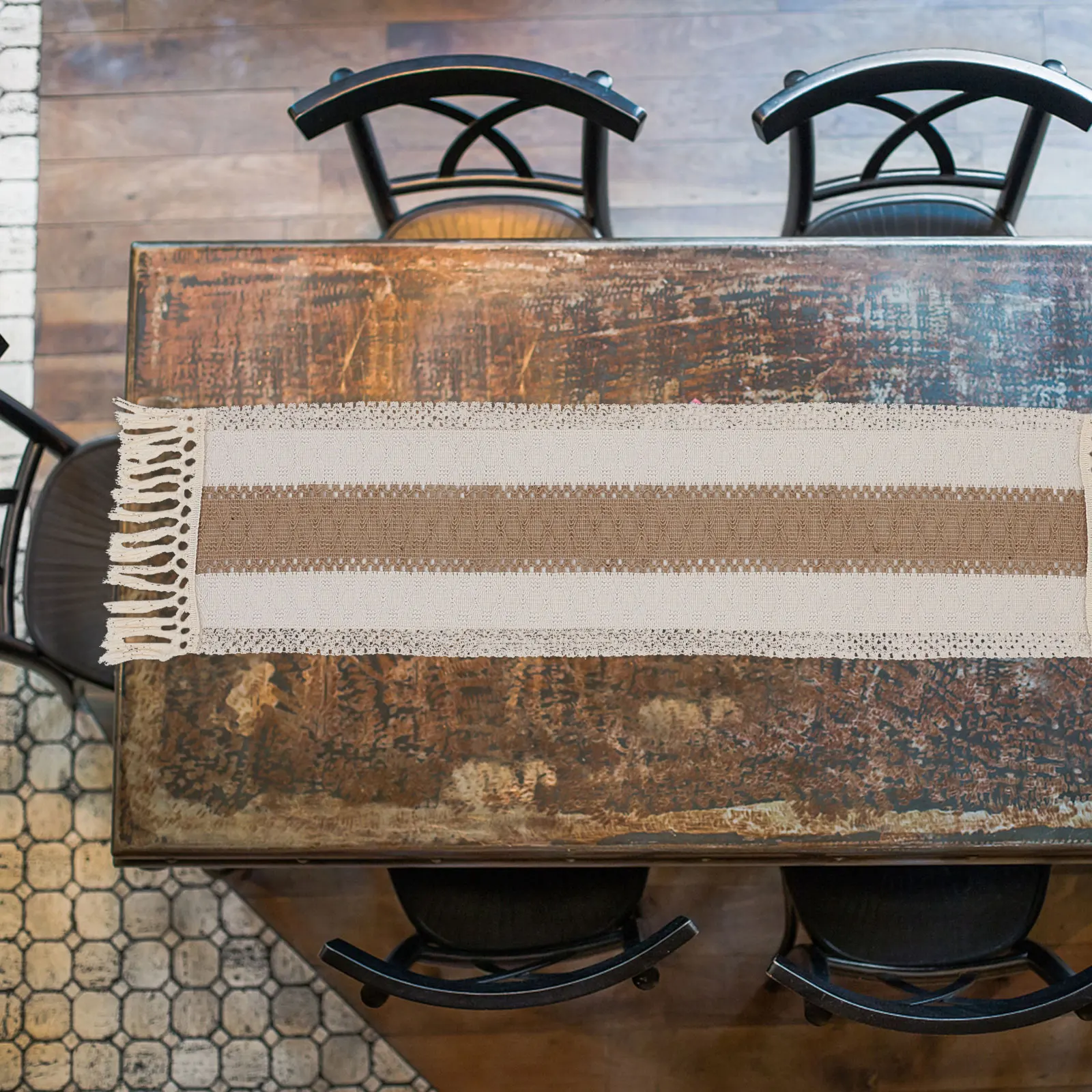 

Rustic Table Runner with Knotted Tassels Farmhouse Dining Table Decor Vintage Style Polyester Boho Tablecloth for Party Wedding