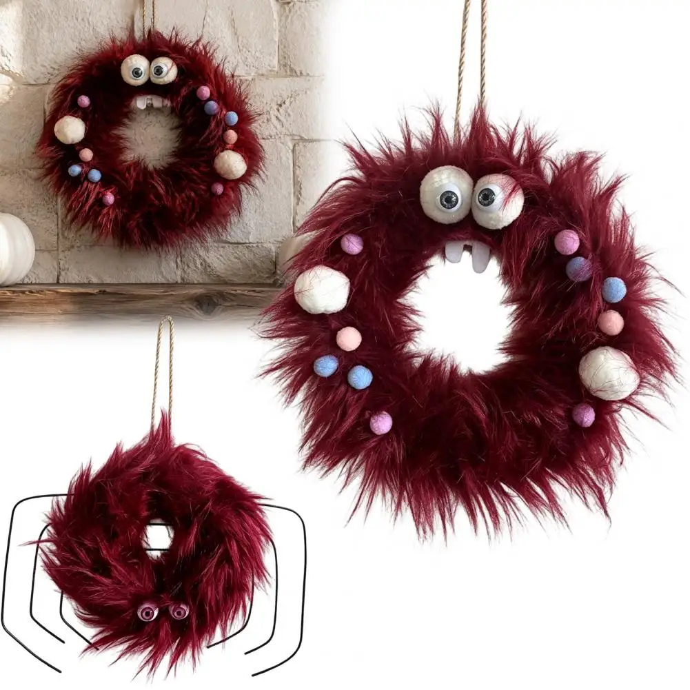 Fall Home Decor Wreaths Halloween Wreath for Front Door Halloween Fluffy Spider Wreath for Front Door Cute Pom Pom Hanging Decor