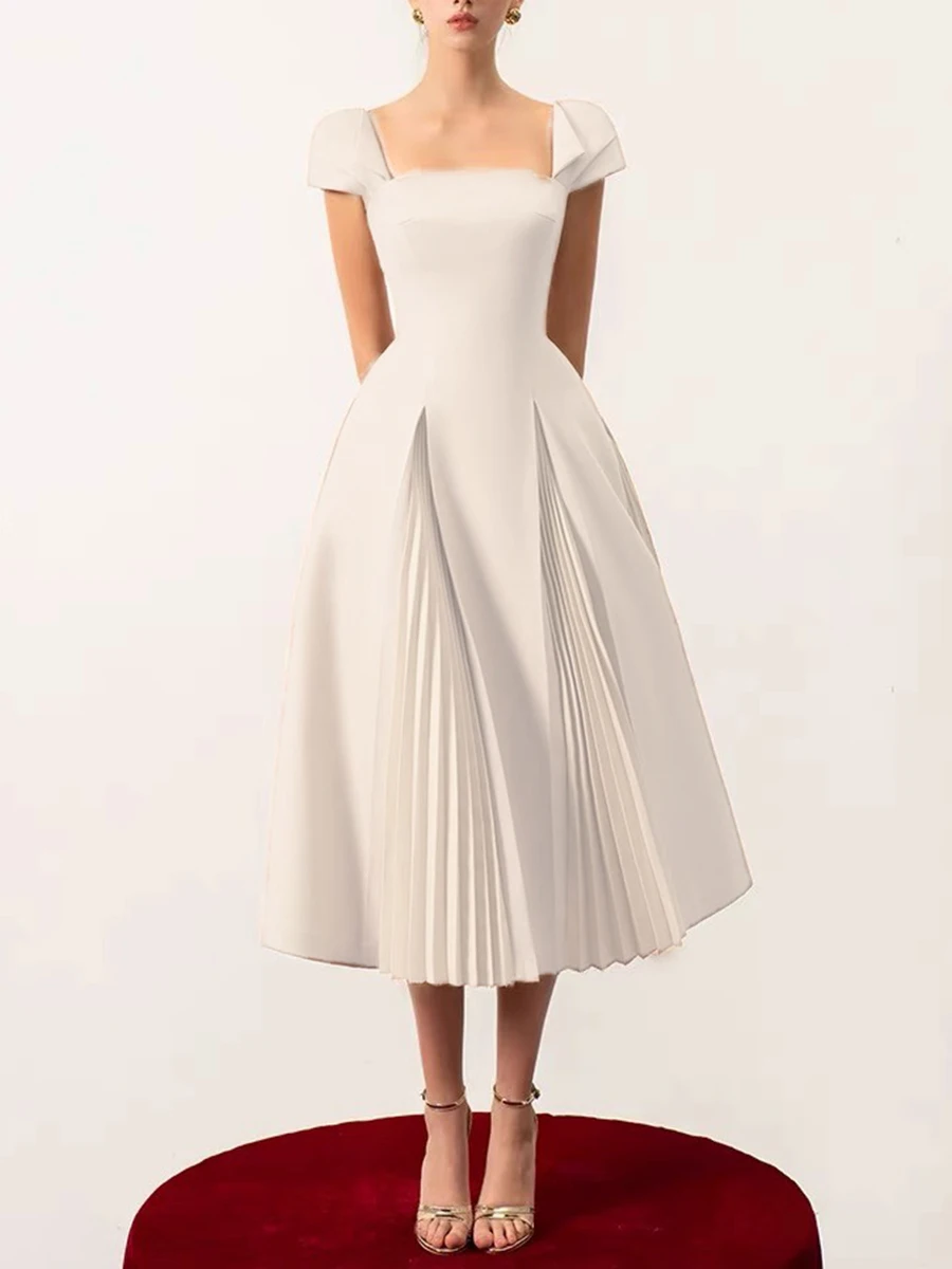 

Solid Slimming Midi Dresses For Women Square Neck Short Sleeve High Waist Patchwork Folds Evening Dress Female New