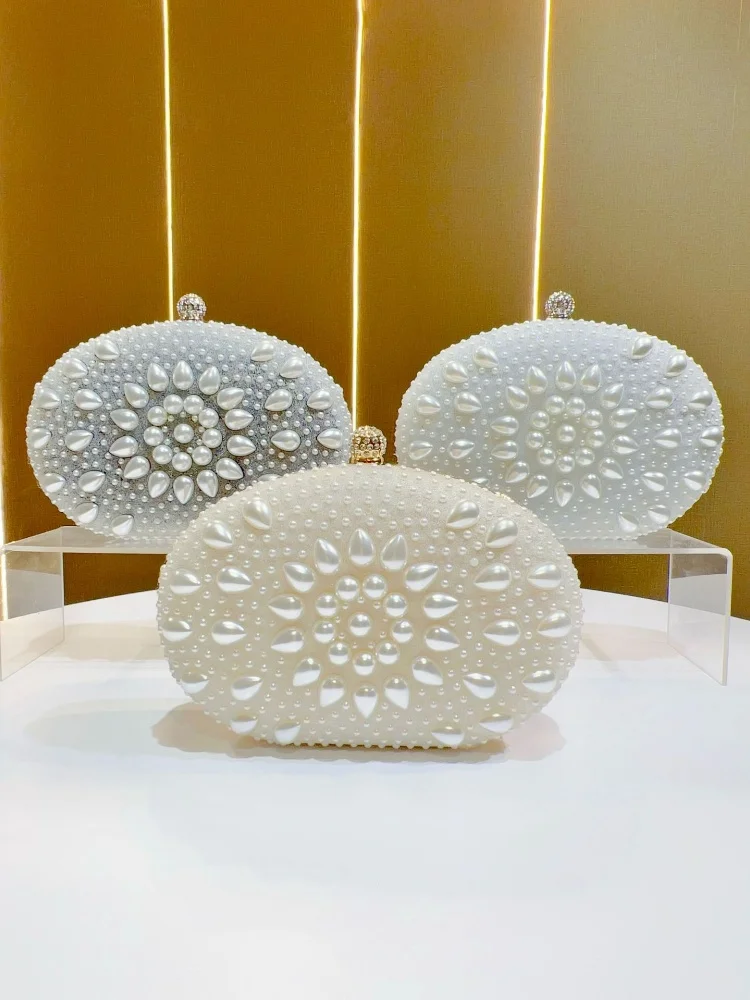 2025, neue weiße Wassertropfen-Perlen-Abendtasche für Damen, ovale eingelegte Perle, glänzende Clutch-Tasche, hochwertige Mode, elegante Umhängetasche