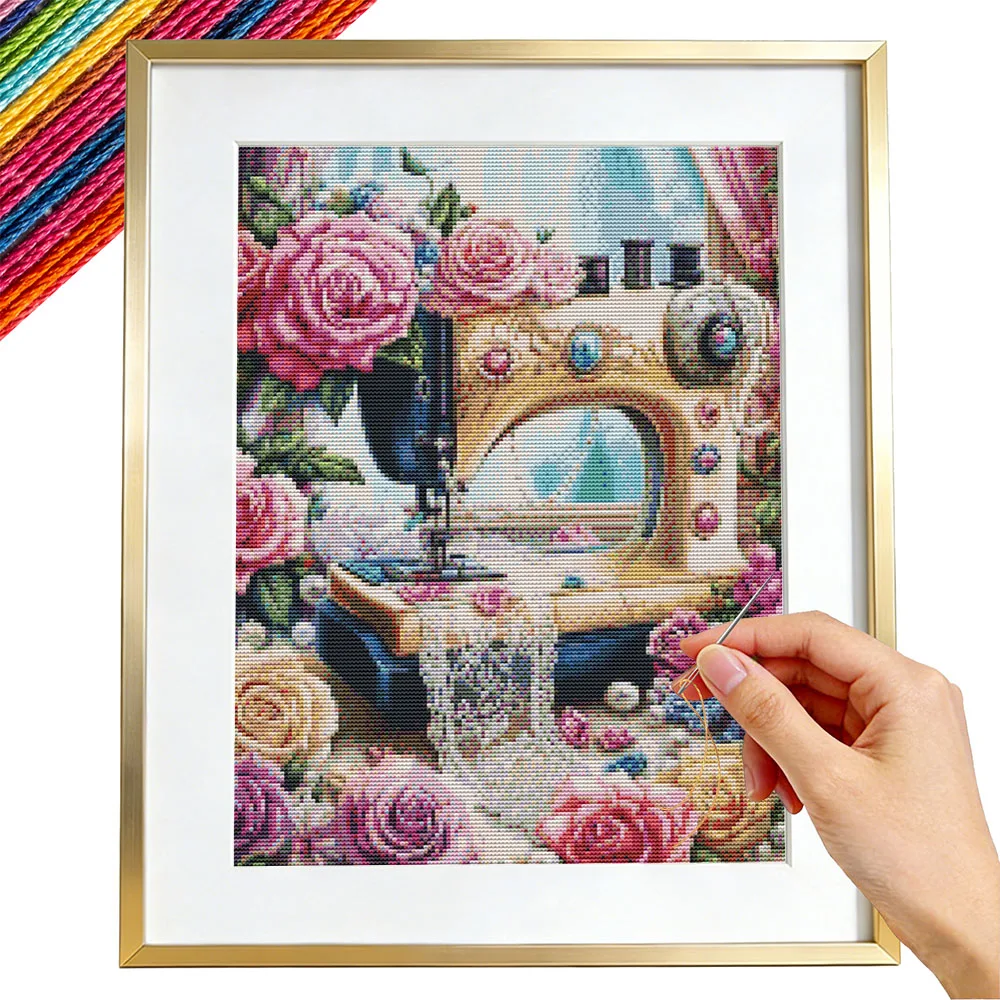

11CT Complete Cross Stitch Kit Sewing Machine Adult Crafts DMC Ehreads Needlework Rose Flower Handicrafts Home Decor Items