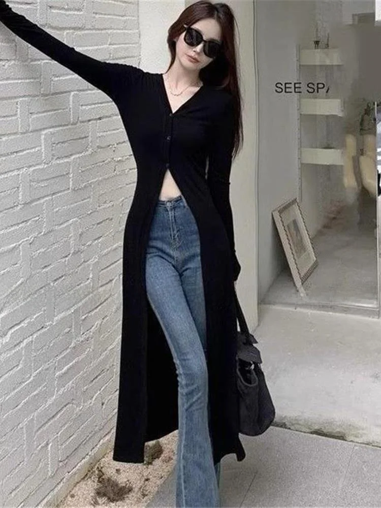 Cardigan aperto lungo alla moda in seta di ghiaccio da donna Sweet Cool Faion Top dimagrante Street Sle lavorato a maglia V-Ne Long Sve Spring