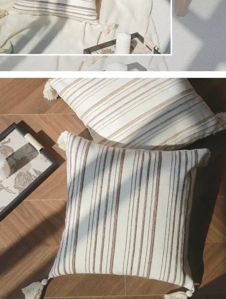 Boho Weiche & Gemütliche Kissenbezüge Gestreifte Quadratische Neutrale Kissenhüllen mit Quasten Landhaus-Stil Sofakissenbezug für Sofa und Bett – Detail 9