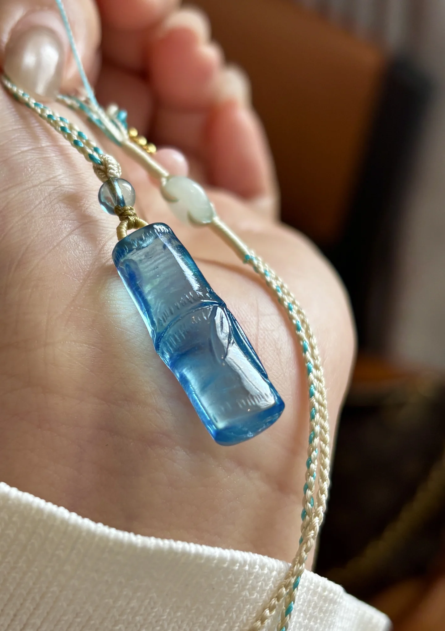 Natural Blue Aquamarine Bamboo Pendant 26x10mm Fashion Aquamarine Blue Rare 18K Gold Necklace AAAAA