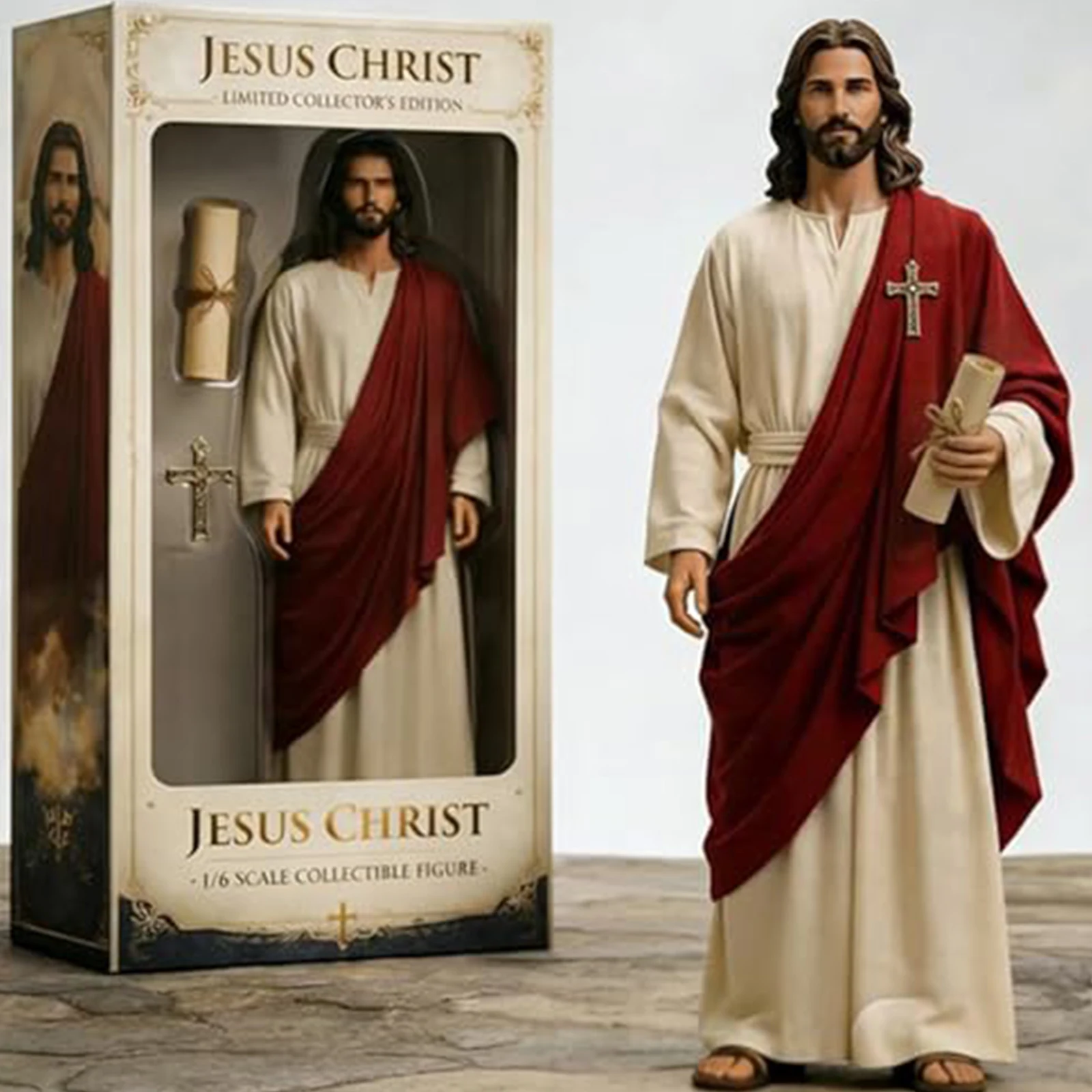 2D-Flachdesign einer Vintage-Jesus-Christus-Statue mit ausgestreckten Armen für religiöse Darstellungen, Weihnachtsfeiern und Cosplay. – Detail 9